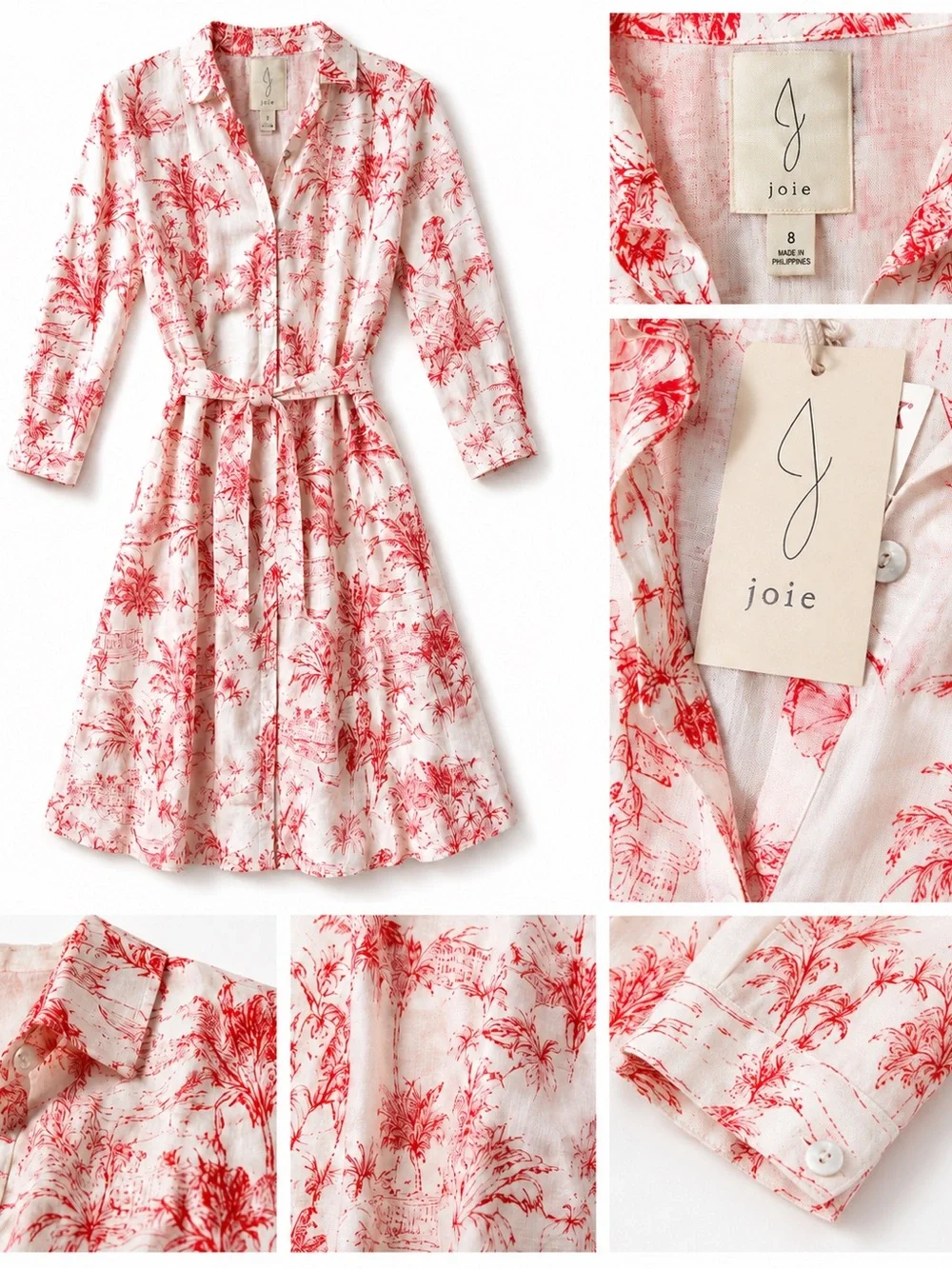 Joie White Dress with Red Toile Linen Print